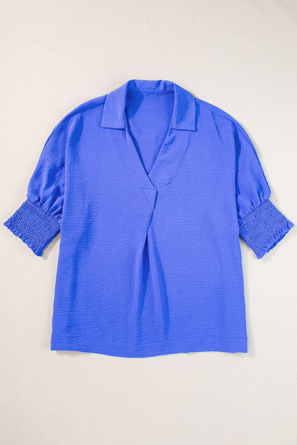 Dark Blue Crinkled Collared Smocked Cuffs Dolman Top