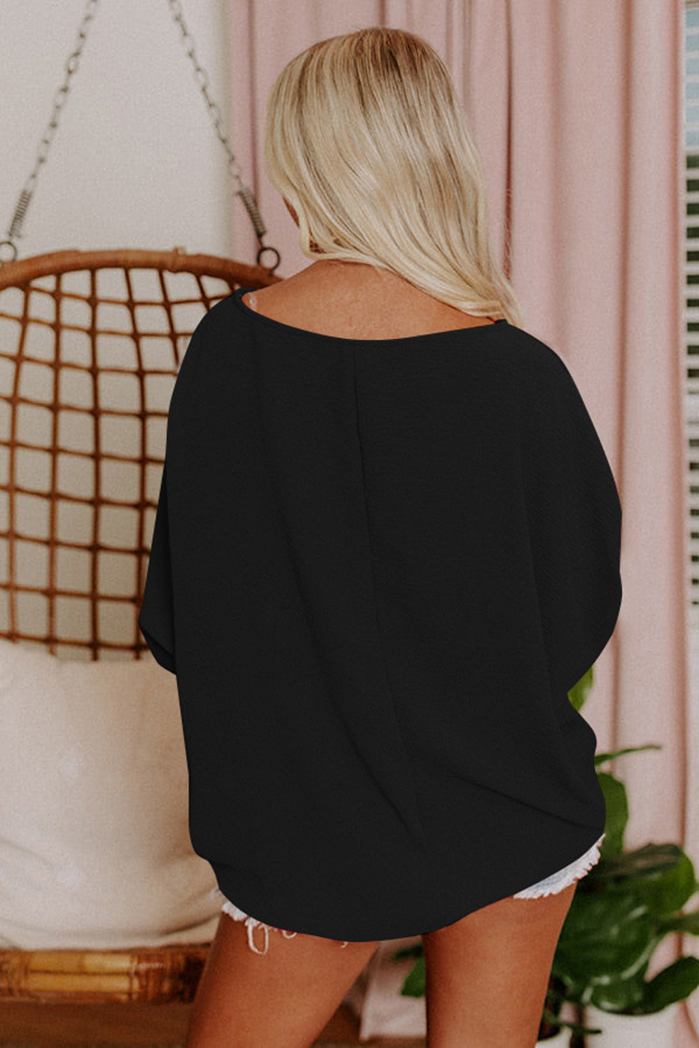 Blusa informal de media manga con puños fruncidos, color blanco, lisa