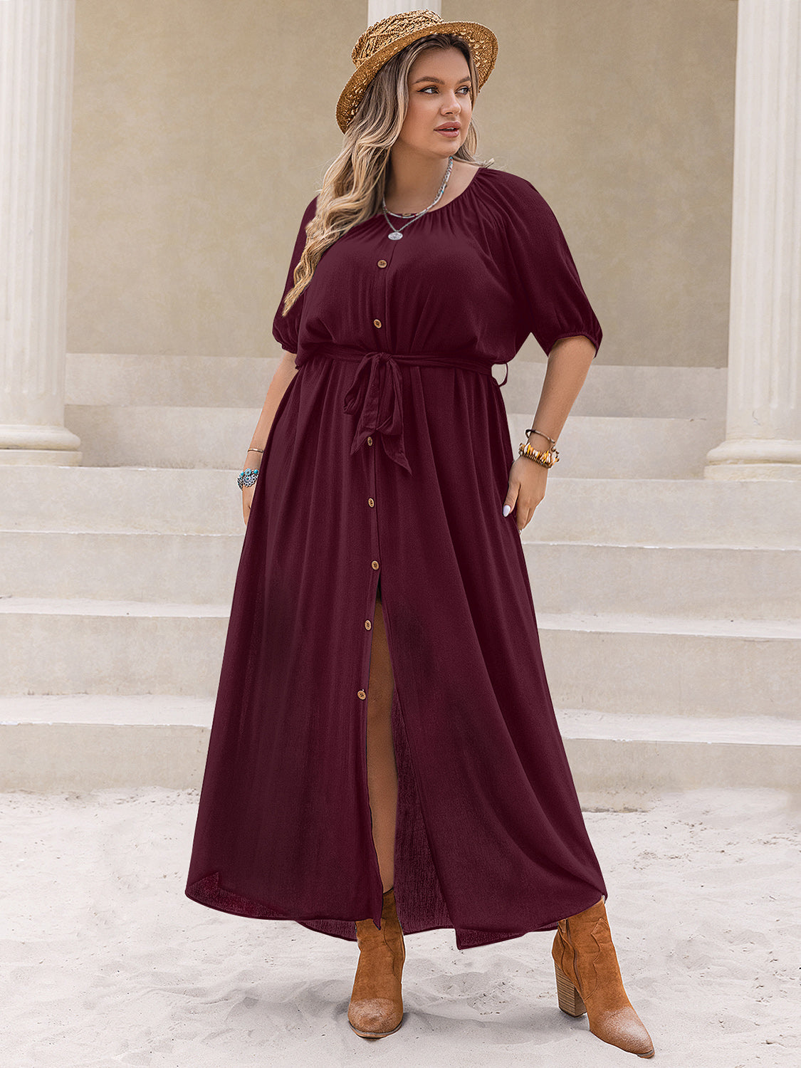Vestido de talla grande con cuello redondo y media manga