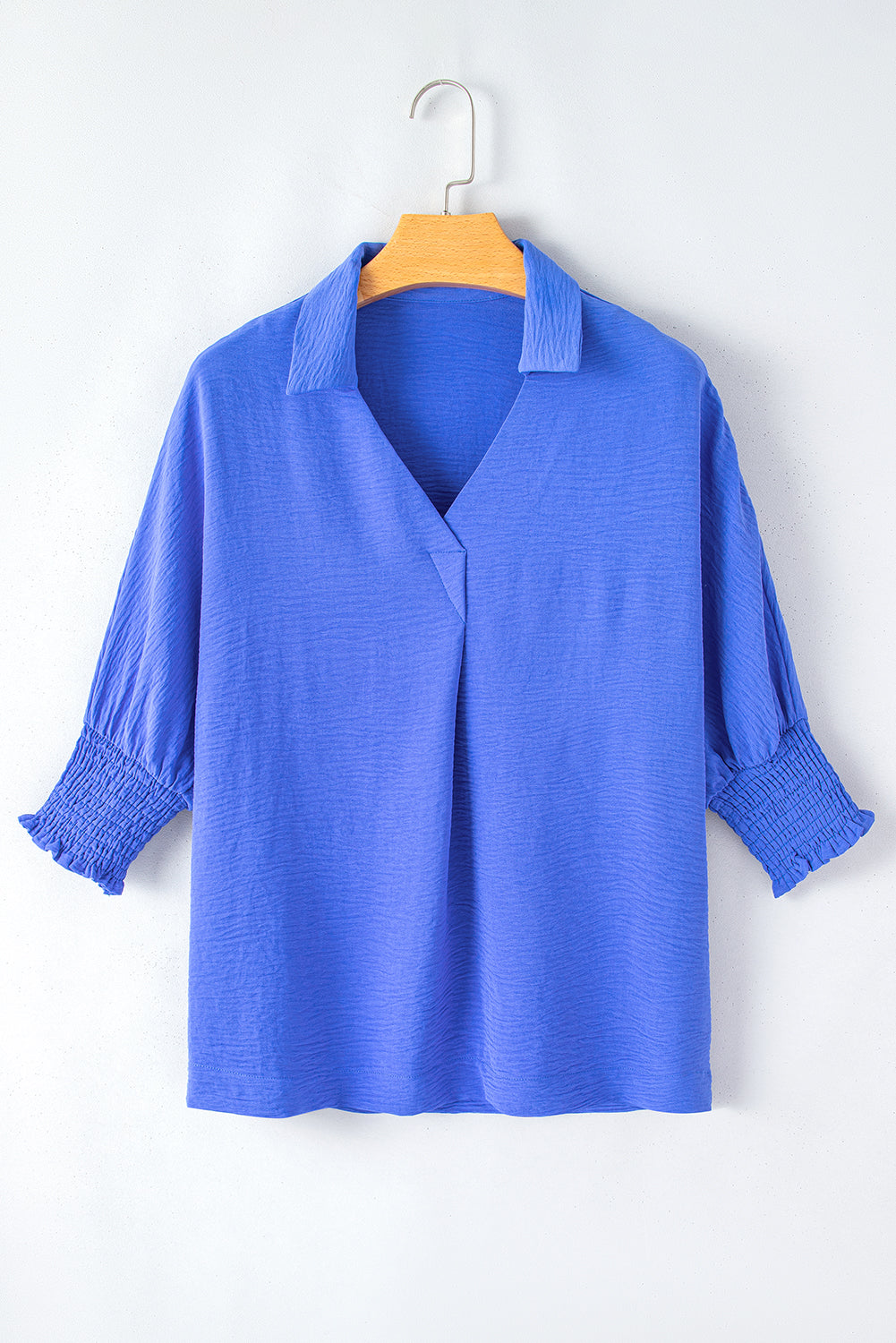 Dark Blue Crinkled Collared Smocked Cuffs Dolman Top