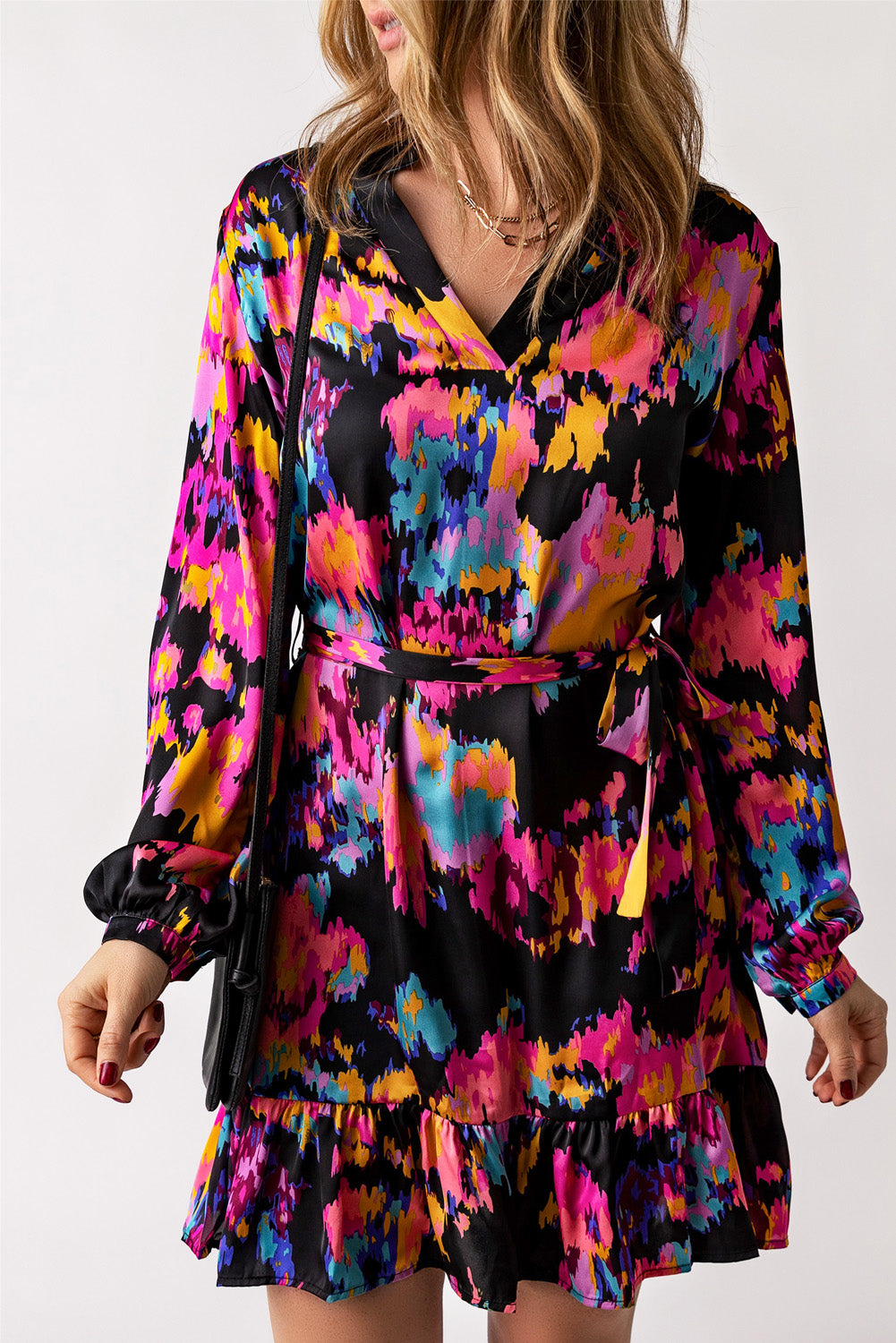 Abstract Print Waist Belted Mandarin Collar Ruffle Hem Long Sleeve Dress