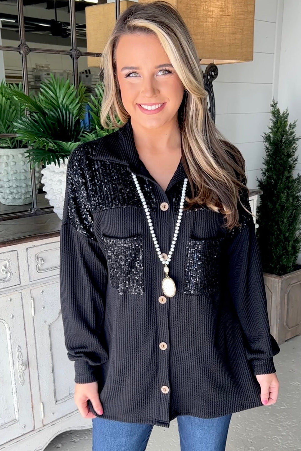 Parchment Sequin Patch Chest Pocket Corded Shirt | S - XL | 2 COLORS