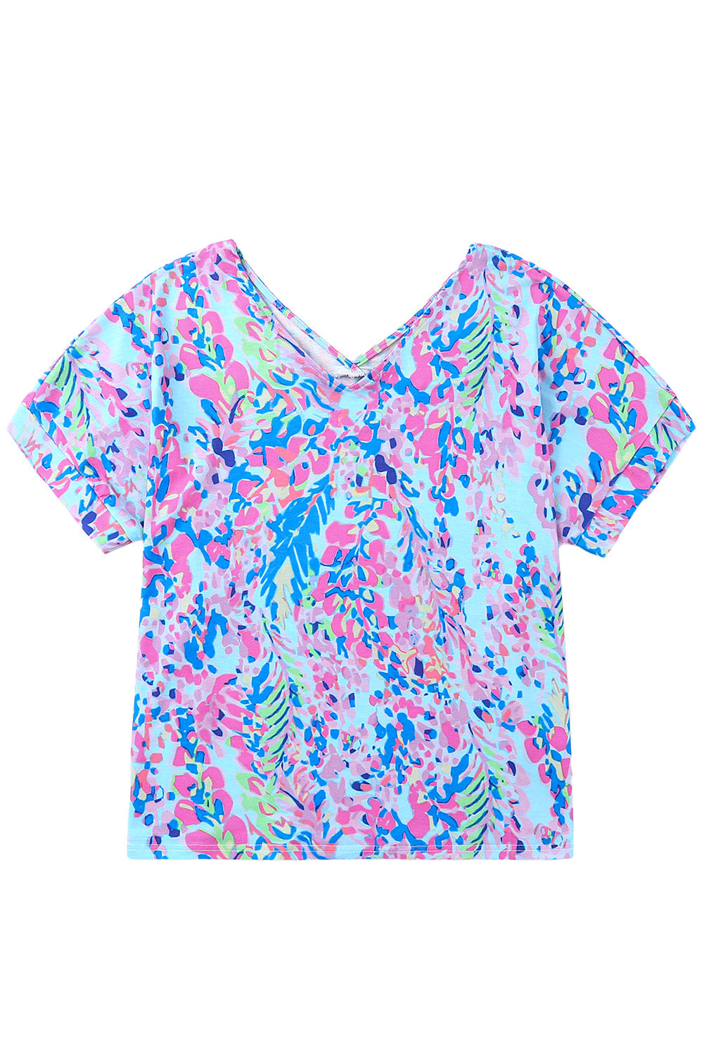 Camiseta de cuello en V y manga corta con estampado floral abstracto en azul pastel