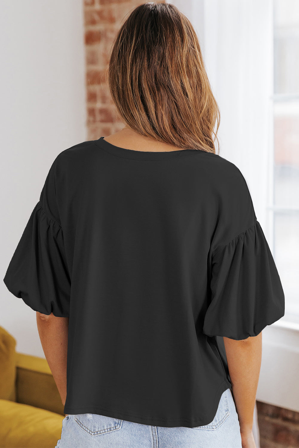 White Solid Color Casual Bubble Sleeve Blouse