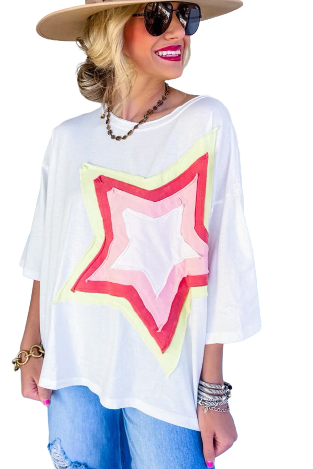 Camiseta extragrande de manga corta con parches de estrellas y bloques de color Bonbon