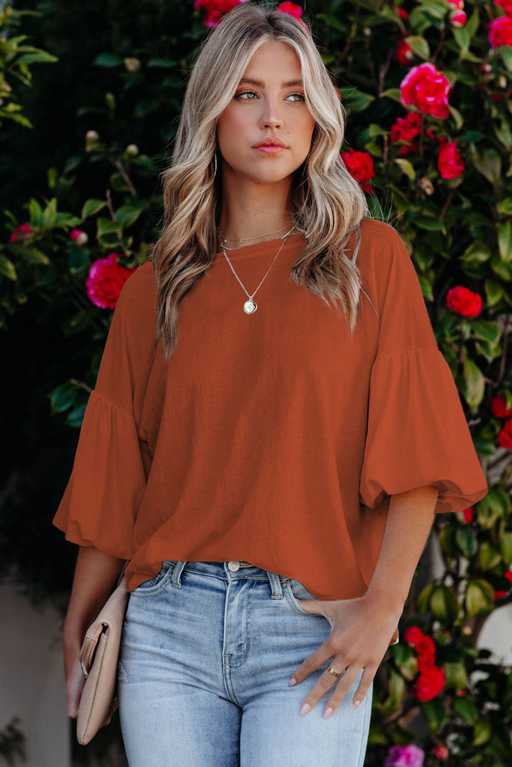 White Solid Color Casual Bubble Sleeve Blouse