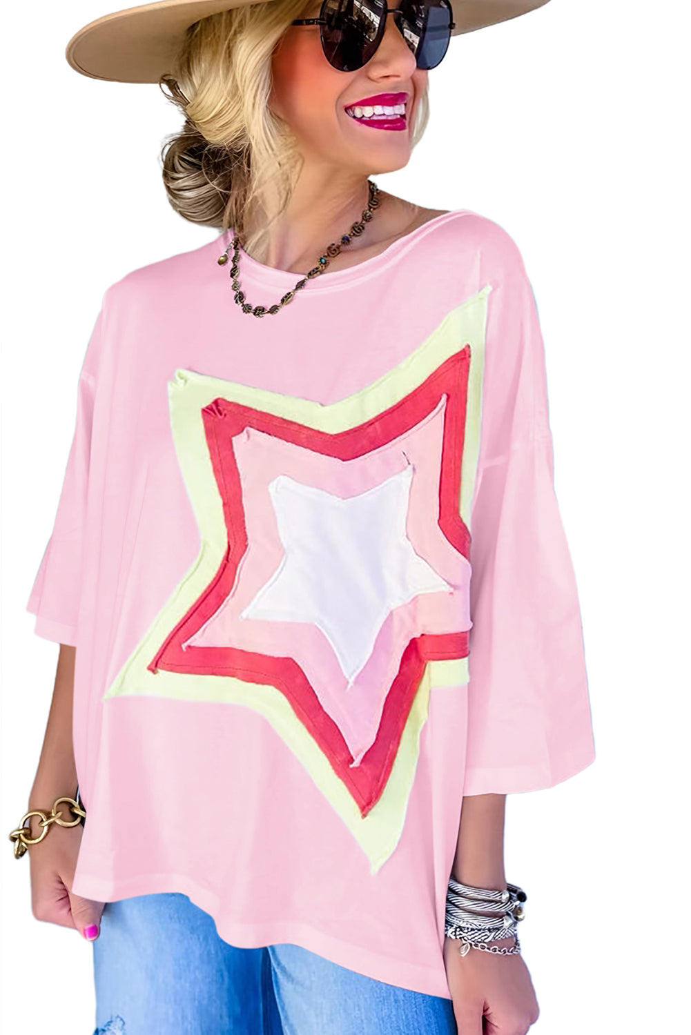 Camiseta extragrande de manga corta con parches de estrellas y bloques de color Bonbon