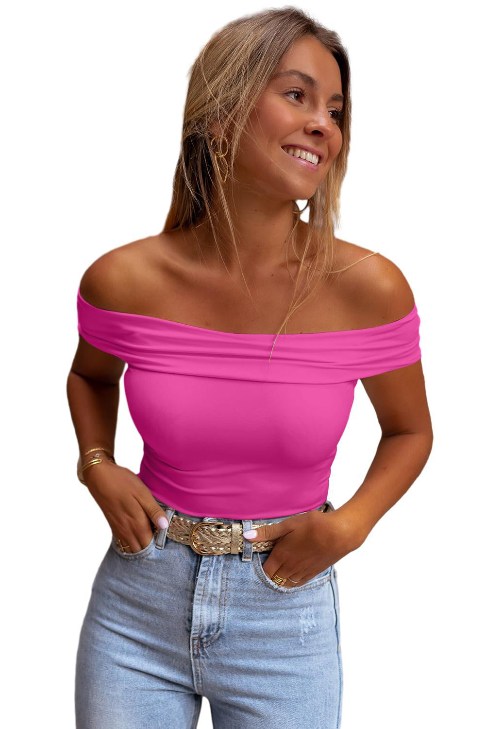 Black Solid Color Folded Off Shoulder Slim Blouse