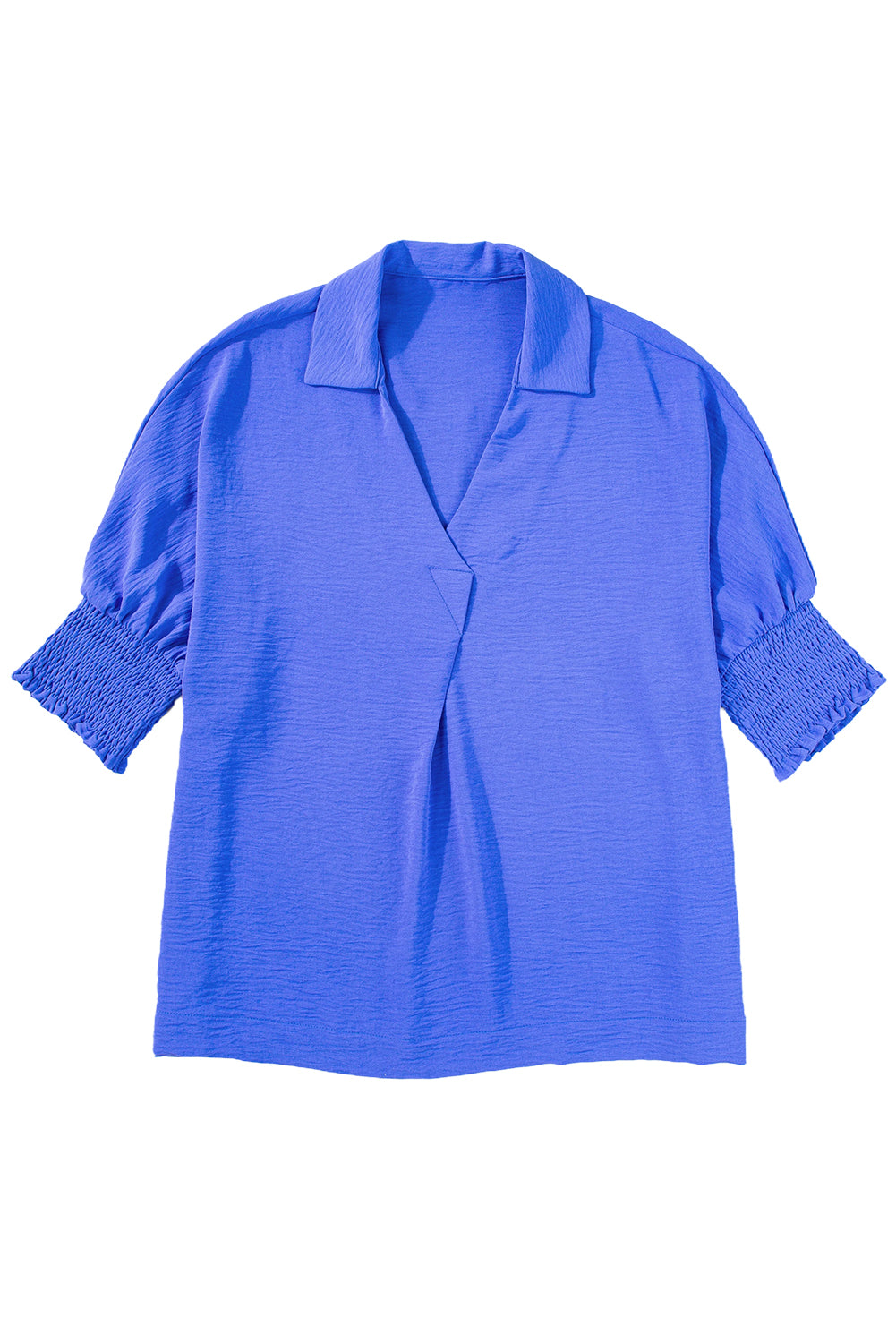 Dark Blue Crinkled Collared Smocked Cuffs Dolman Top
