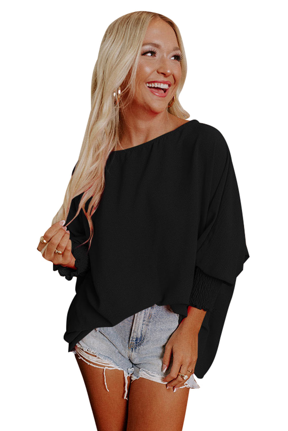 Blusa informal de media manga con puños fruncidos, color blanco, lisa