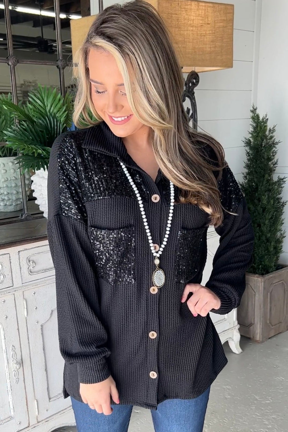 Parchment Sequin Patch Chest Pocket Corded Shirt | S - XL | 2 COLORS