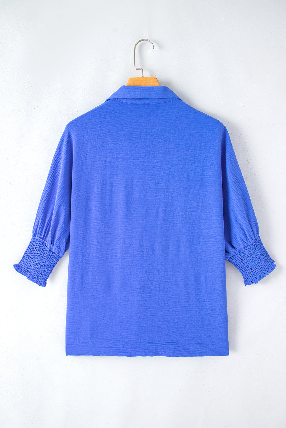 Dark Blue Crinkled Collared Smocked Cuffs Dolman Top