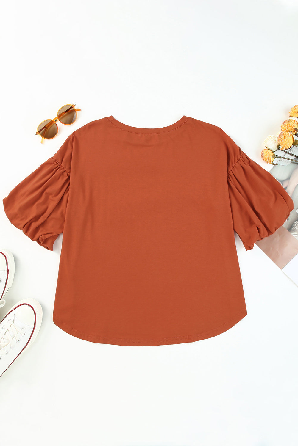White Solid Color Casual Bubble Sleeve Blouse