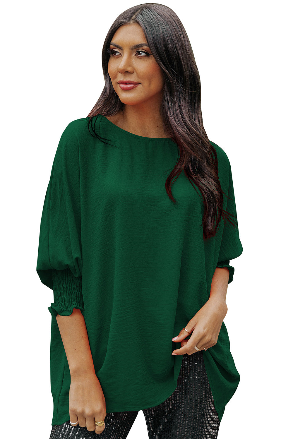 Blusa informal de media manga con puños fruncidos, color blanco, lisa