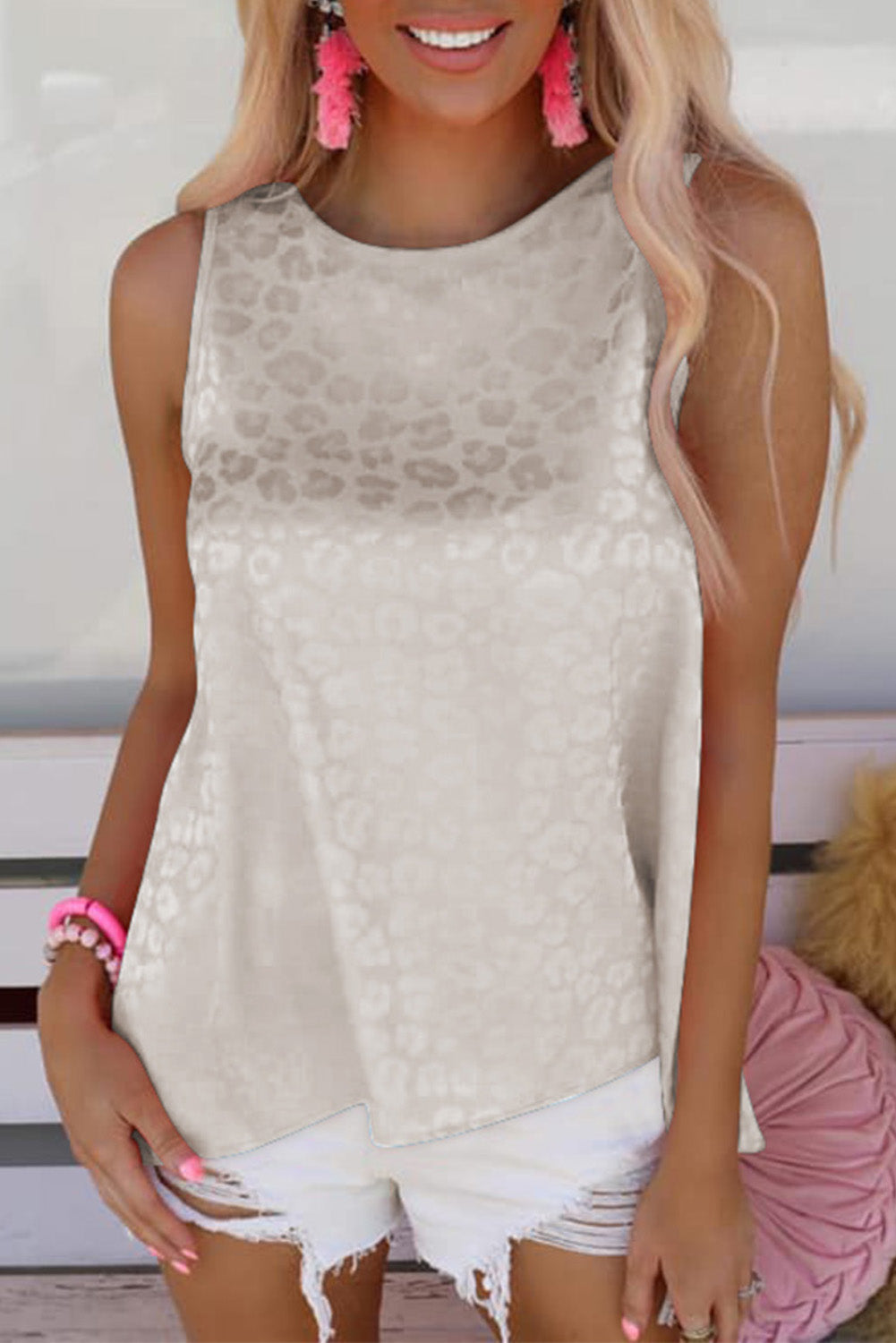 Beige Leopard Print Casual Sleeveless Satin Top
