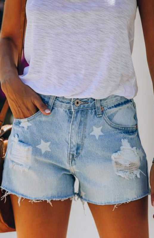 Women's Denim Star Print Distressed Shorts | S - 2XL