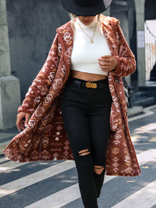 Chaqueta extra larga con capucha, manga larga, estampado geométrico, botonadura sencilla