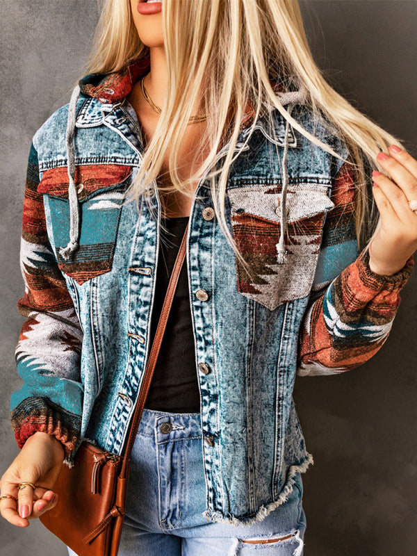 Chaqueta vaquera con capucha y parches de estilo occidental para mujer