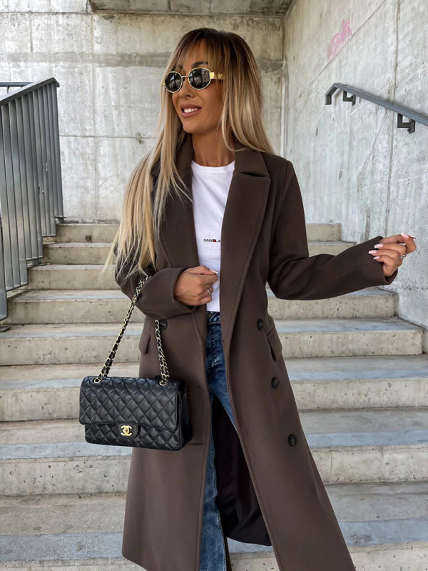 Nueva chaqueta de lana con abertura y botones de solapa de manga larga sencilla para otoño e invierno para mujer