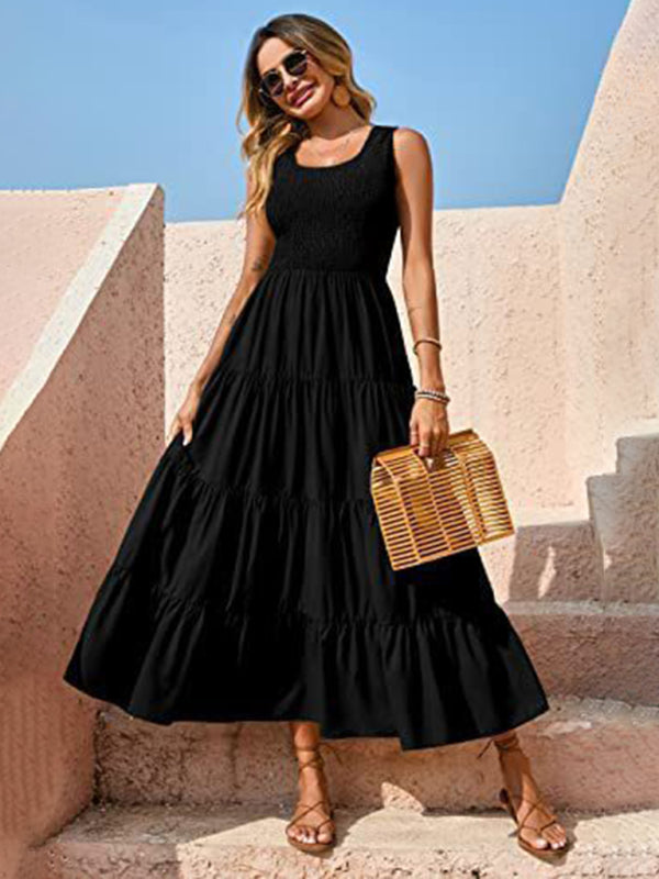 Pleated stitching A-line maxi dress