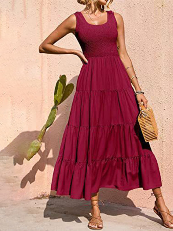 Pleated stitching A-line maxi dress
