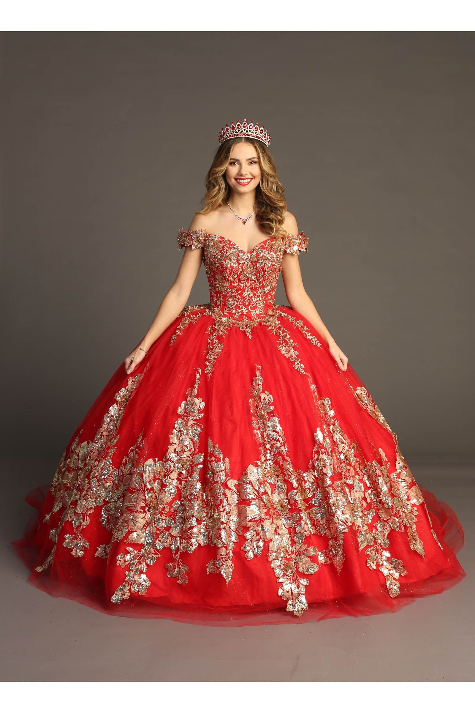 Off the shoulder Gold Applique Detailed Dress