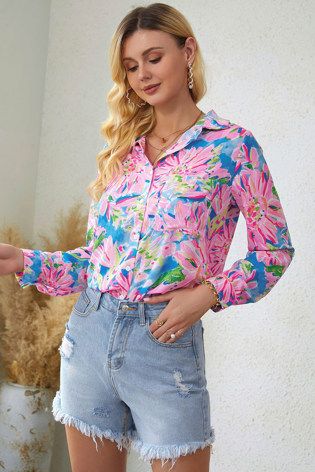 Camisa de manga larga con cuello y estampado floral de Double Take