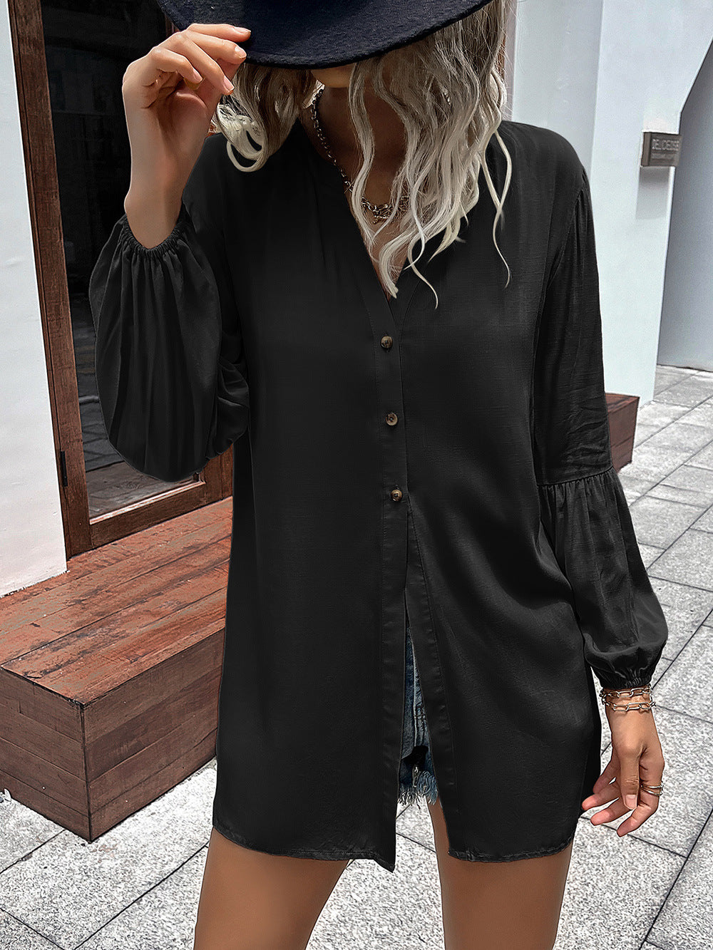 Camisa con mangas abullonadas y cuello con muescas de Double Take