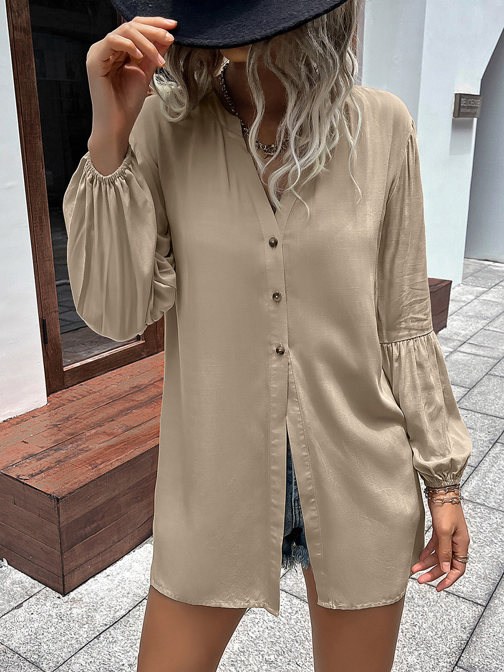 Camisa con mangas abullonadas y cuello con muescas de Double Take