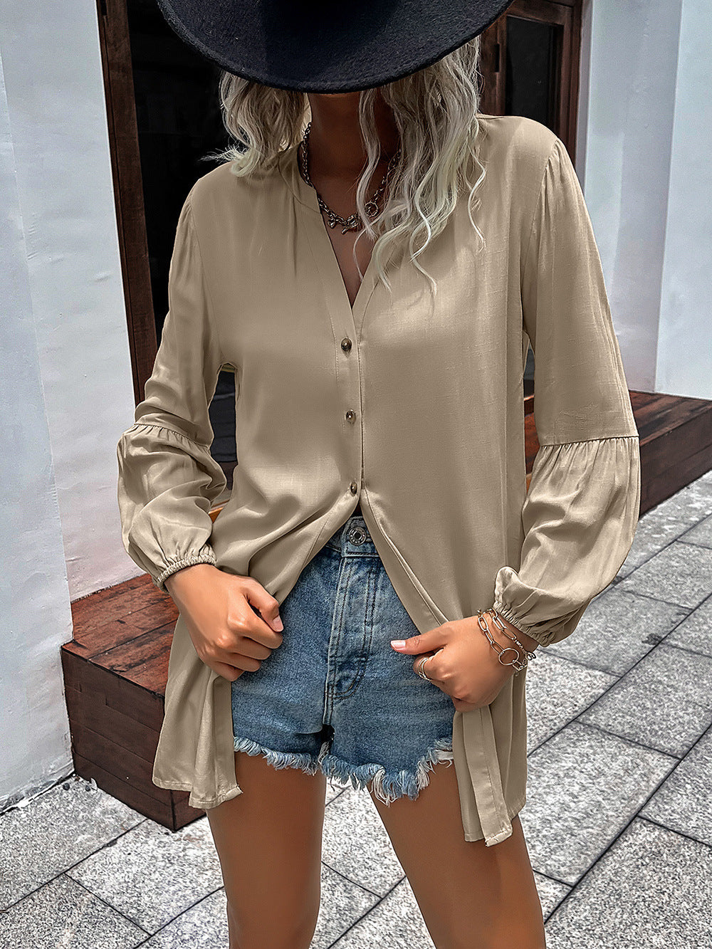 Camisa con mangas abullonadas y cuello con muescas de Double Take