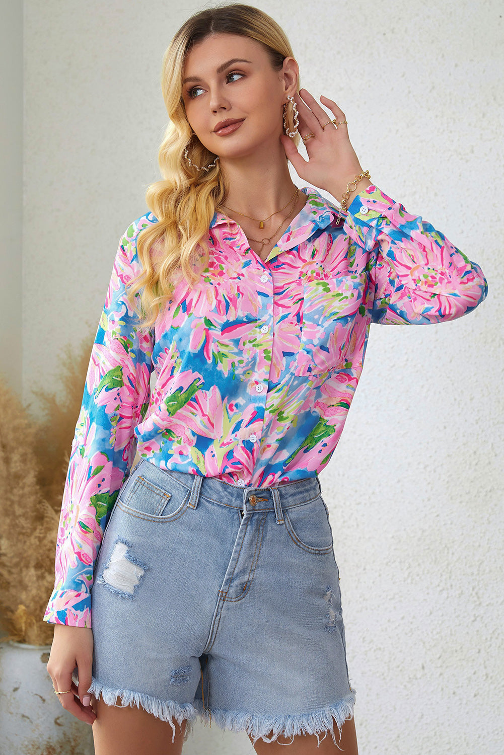Camisa de manga larga con cuello y estampado floral de Double Take