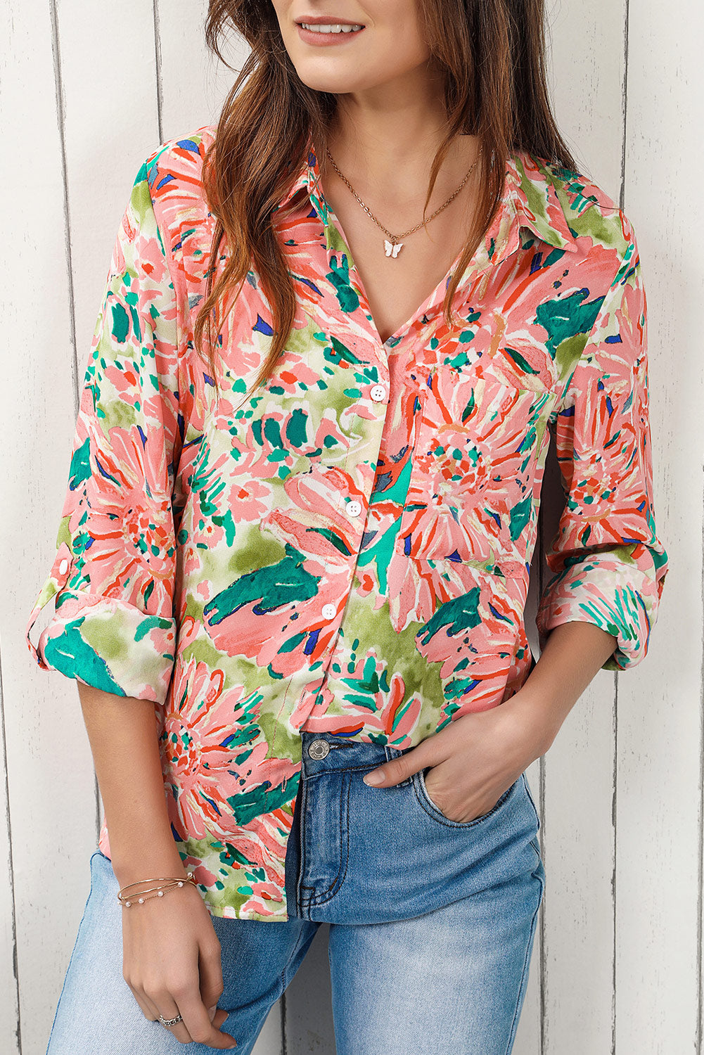 Camisa de manga larga con cuello y estampado floral de Double Take