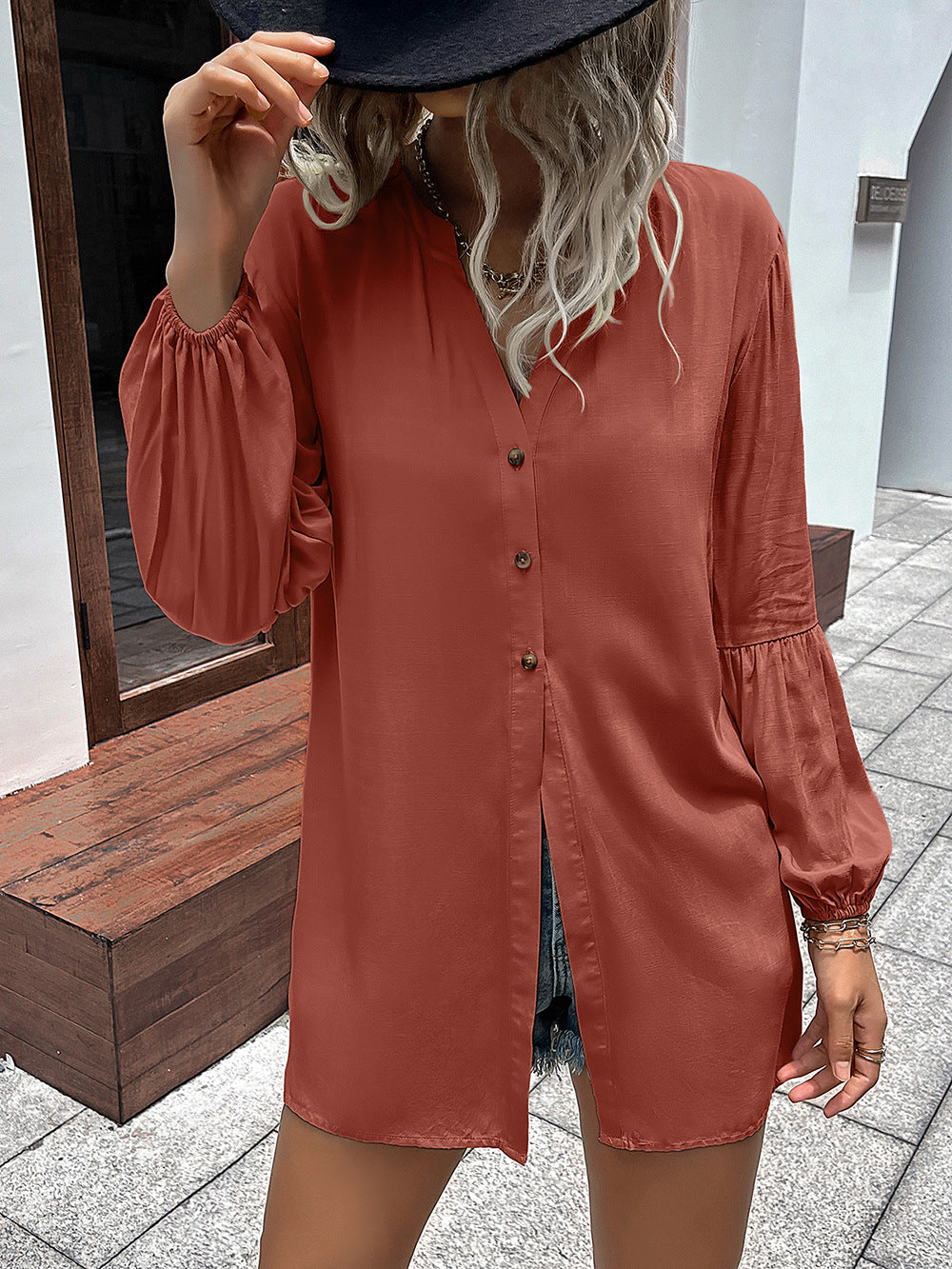 Camisa con mangas abullonadas y cuello con muescas de Double Take