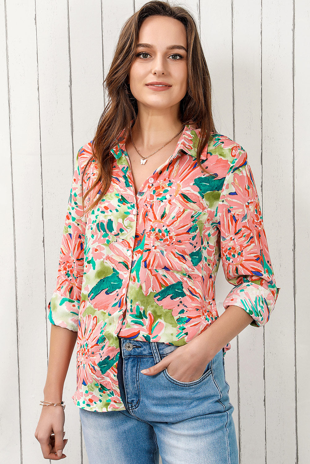 Camisa de manga larga con cuello y estampado floral de Double Take