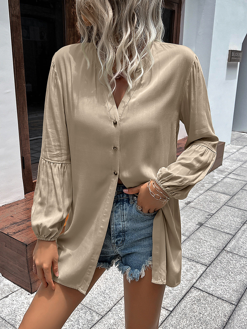 Camisa con mangas abullonadas y cuello con muescas de Double Take