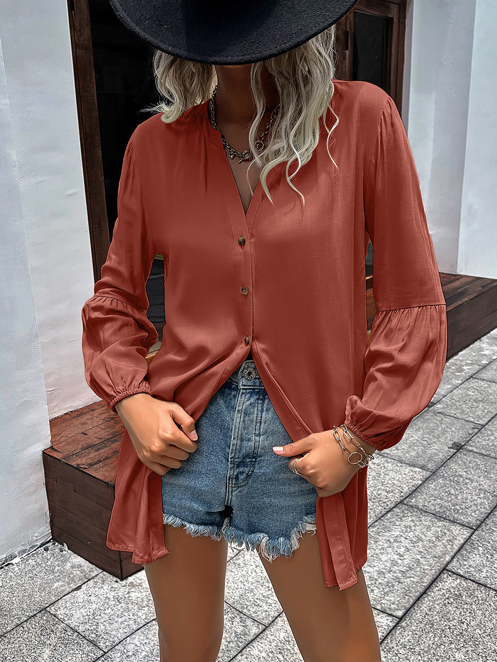 Camisa con mangas abullonadas y cuello con muescas de Double Take