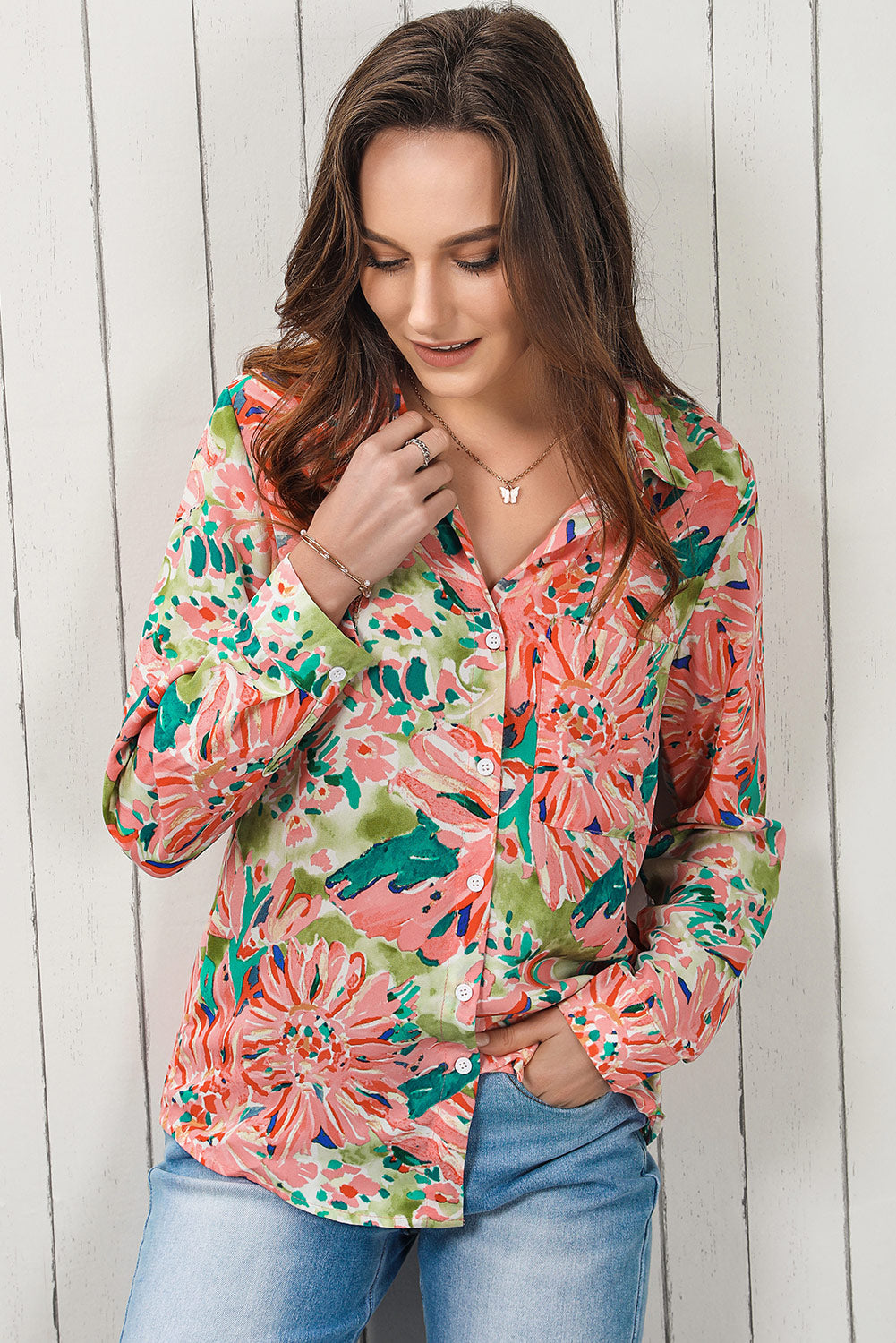 Camisa de manga larga con cuello y estampado floral de Double Take