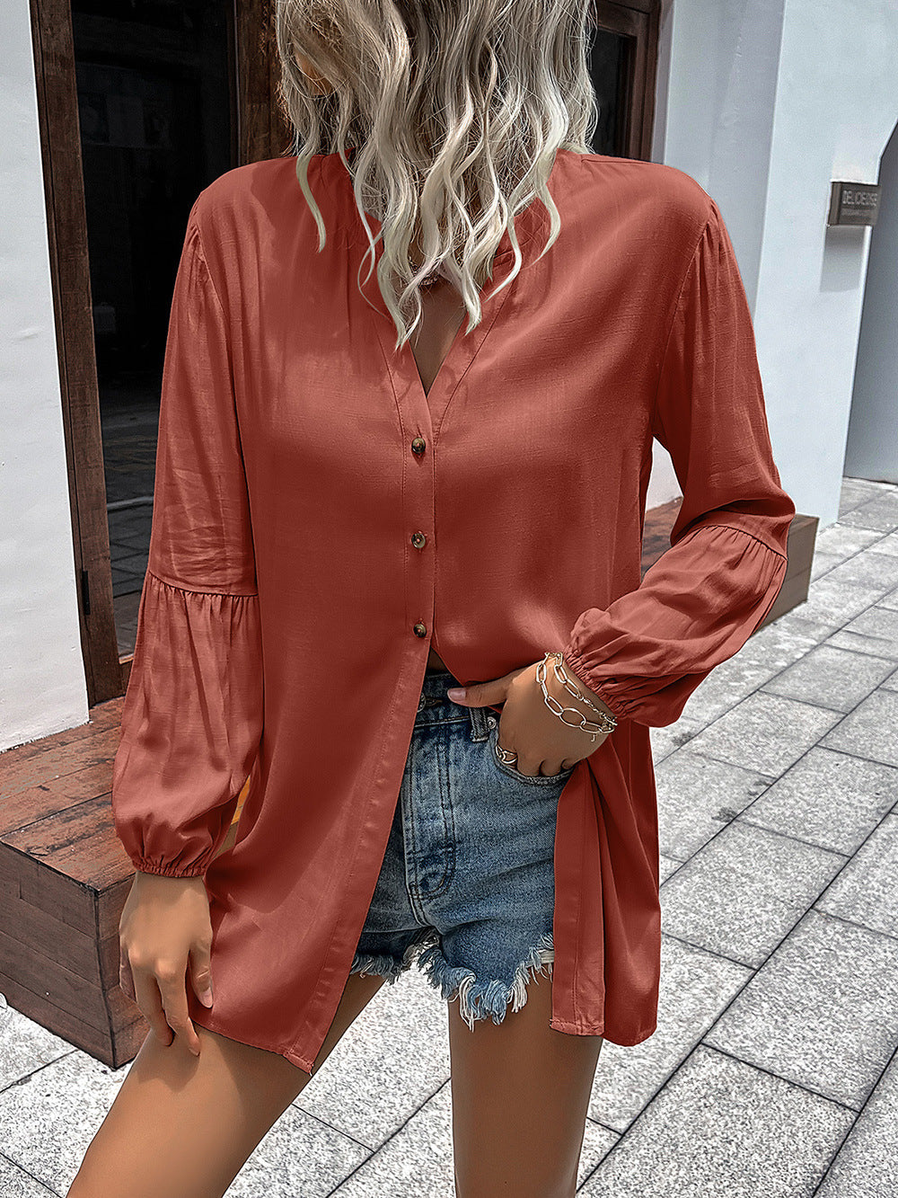Camisa con mangas abullonadas y cuello con muescas de Double Take