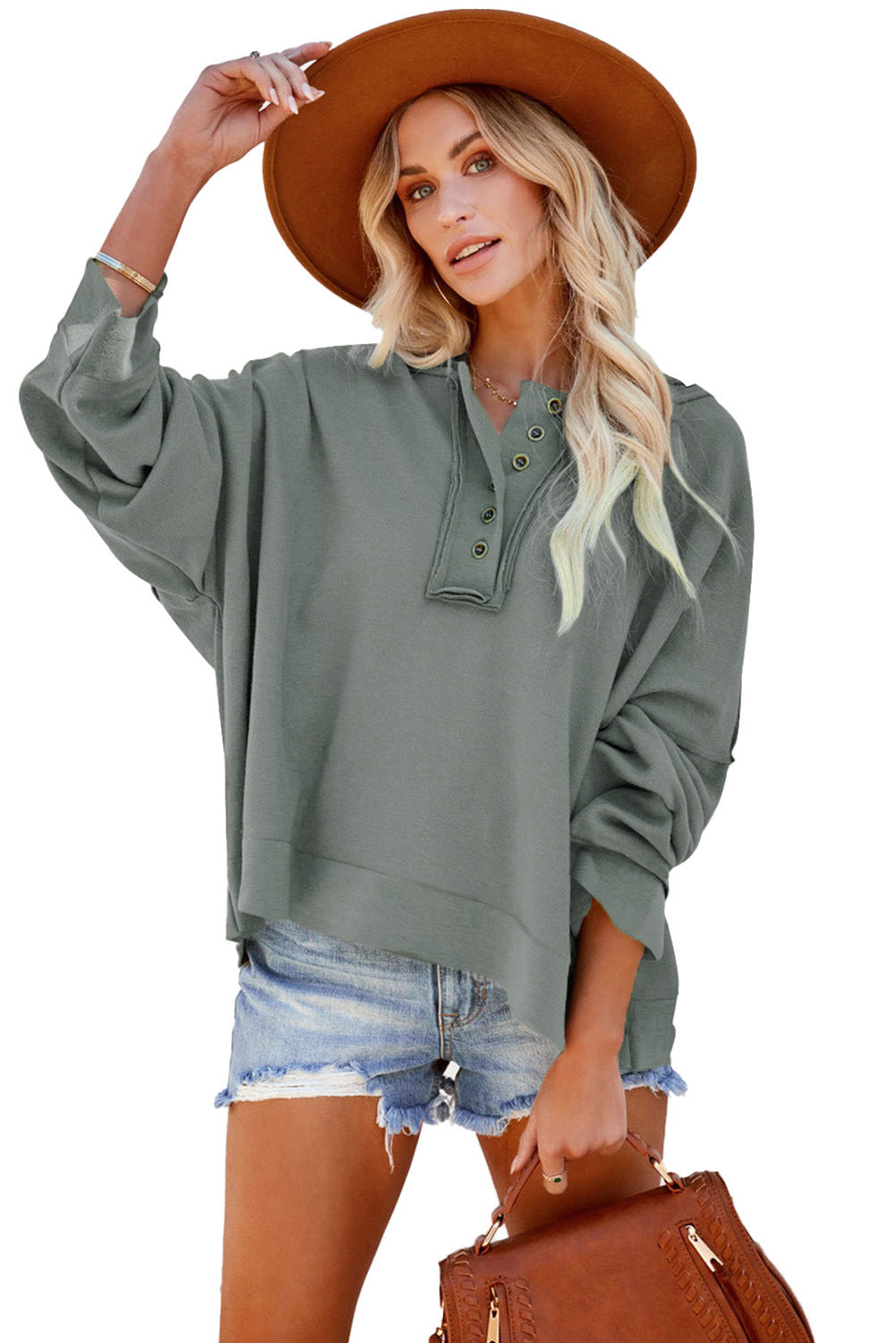 Black Solid Color Button Front Basic Pullover Hoodie