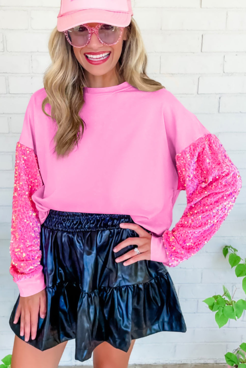 Orchid Petal Sequin Patchwork Long Sleeve Pullover Top
