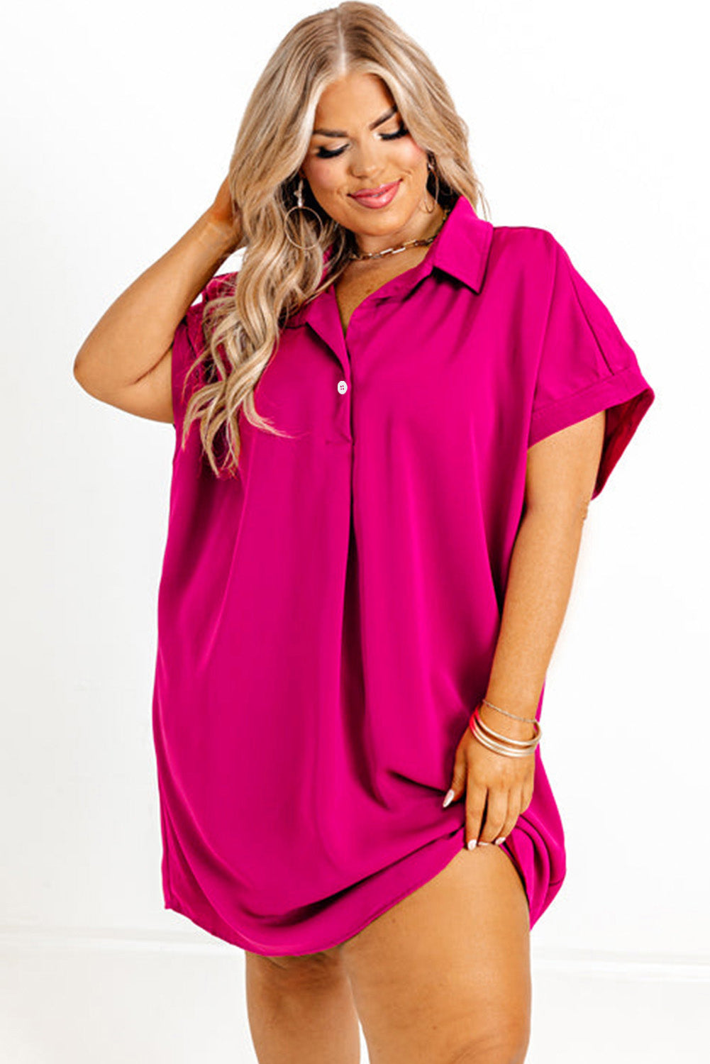 Bright Pink Collared V Neck Short Sleeve Plus Size Dress