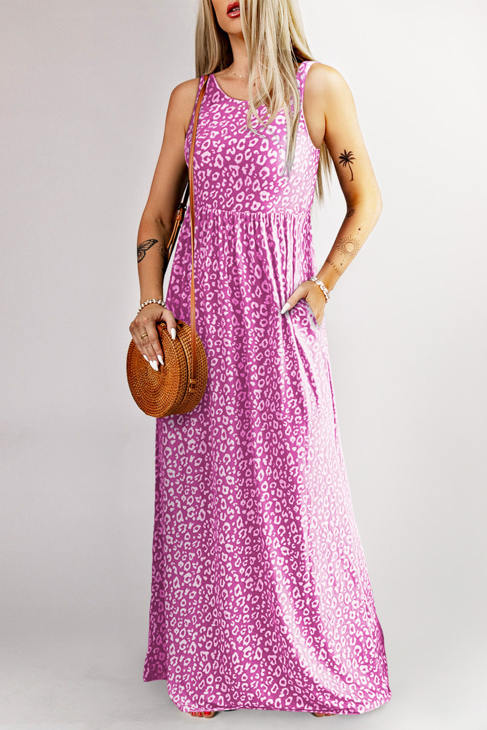 Vestido largo sin mangas con bolsillos y estampado de leopardo gris