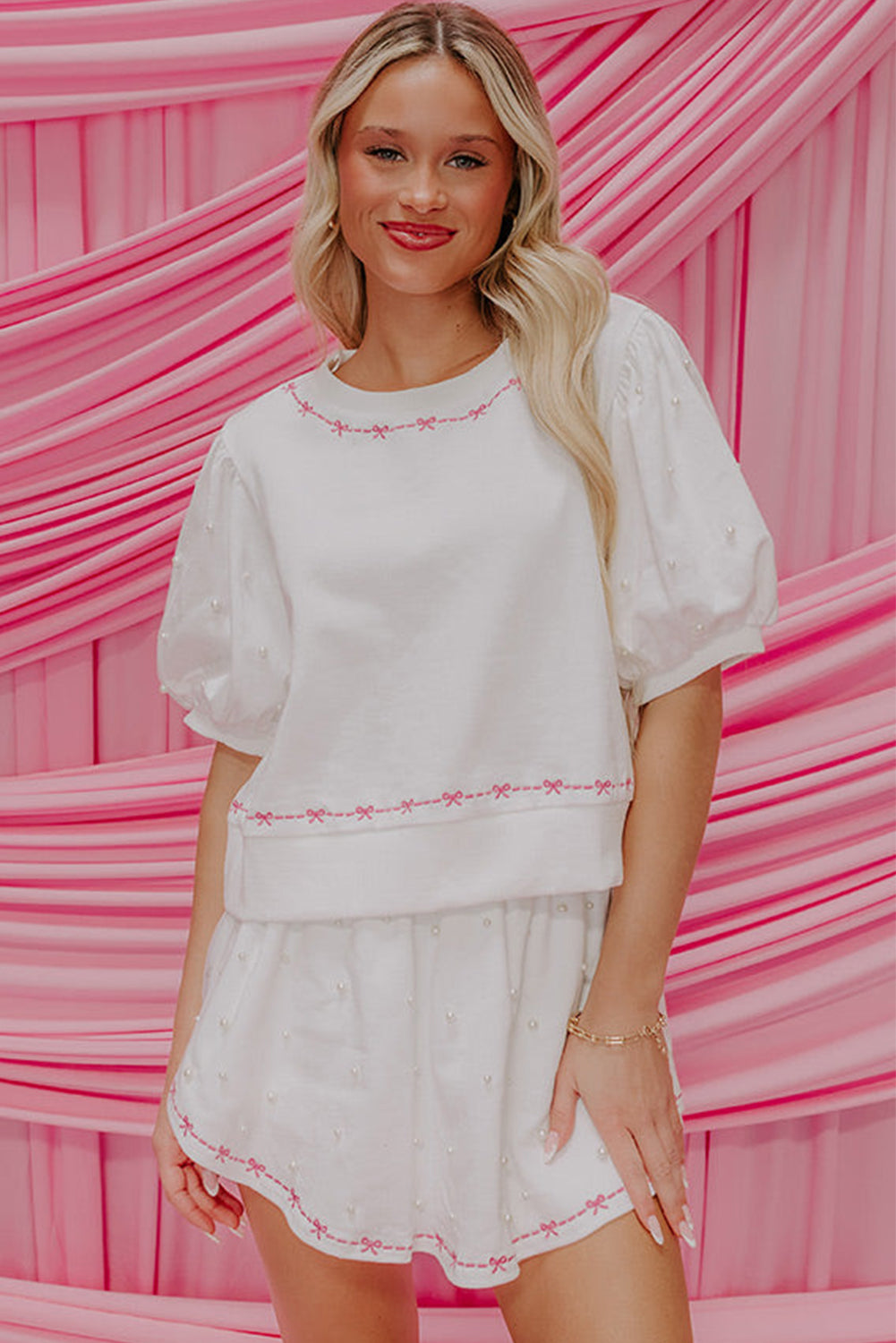 Pink Sweet Bow Trim Pearl Embellished Blouse and Skort Set