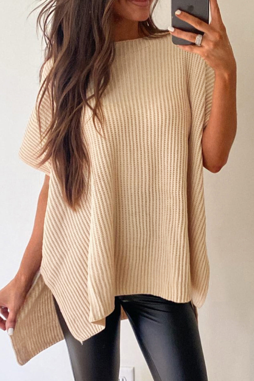 Top de punto de gran tamaño con mangas cortas estilo dolman y abertura lateral en color gris | S - XL | 3 COLORES