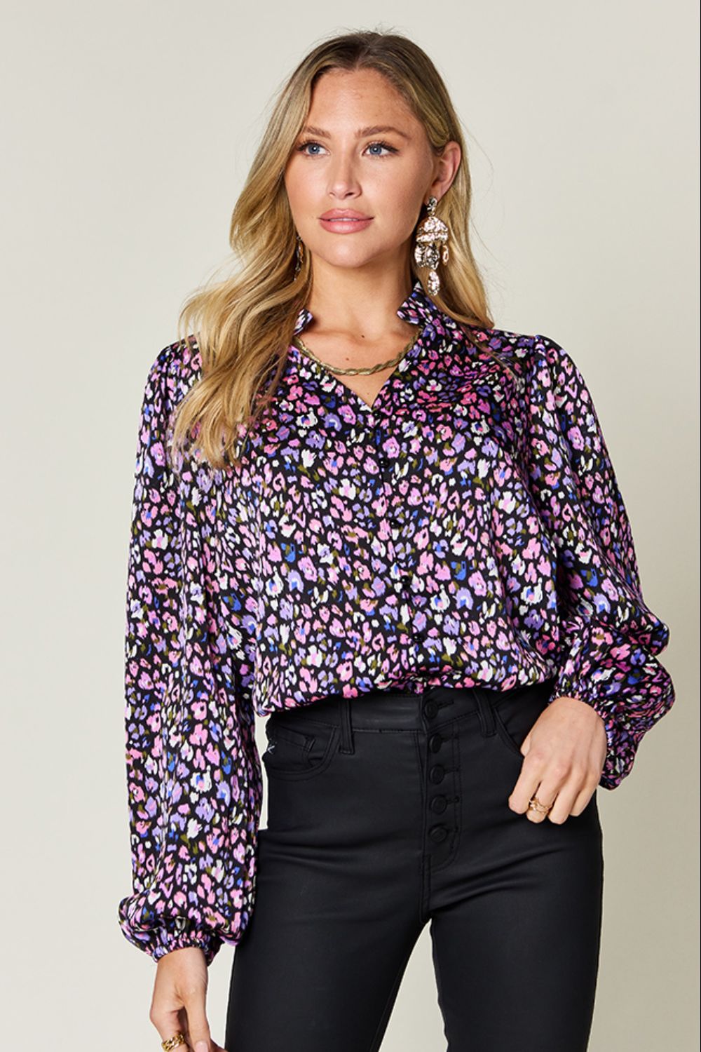 Double Take Full Size Printed Balloon Sleeve Shirt