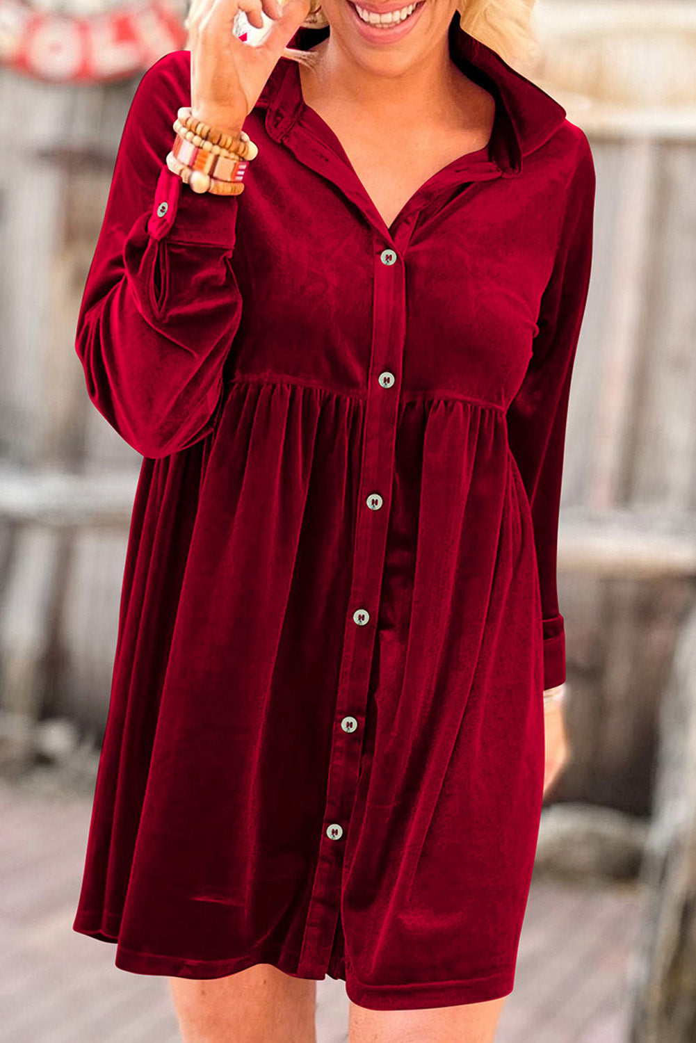 Rose Long Sleeve Ruffle Velvet Button Up Shirt Dress