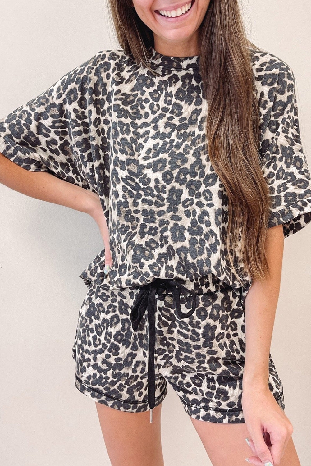 Black Leopard Print Tee and Shorts Pajama Set