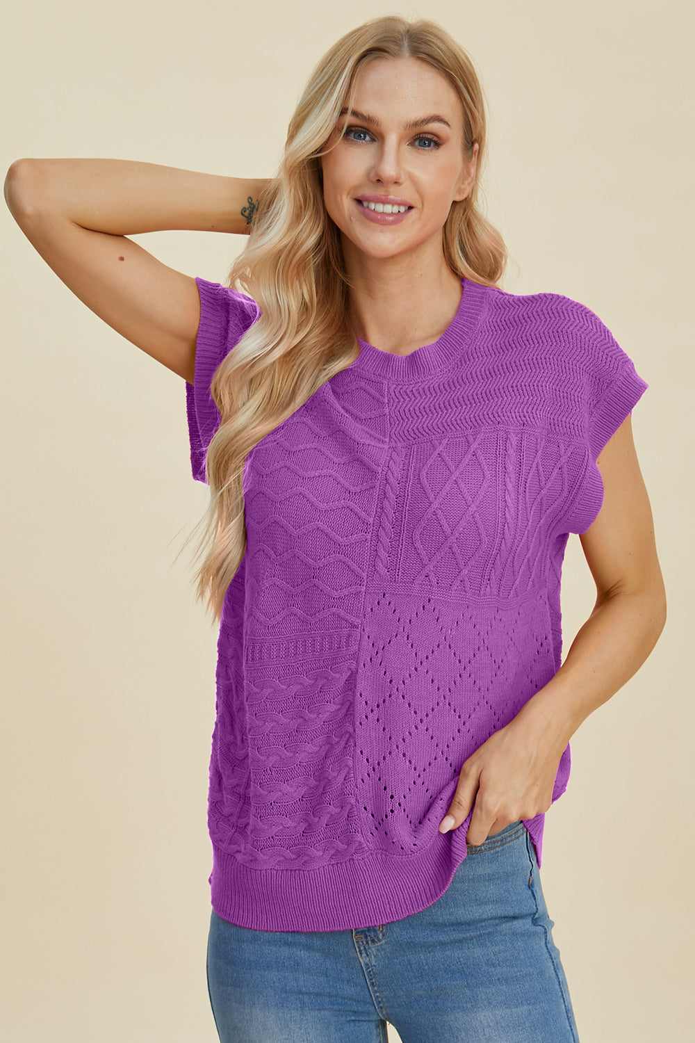 Suéter de cuello redondo y manga corta de punto trenzado de Double Take | Tallas grandes | S - XL | 2XL - 3XL | 5 COLORES