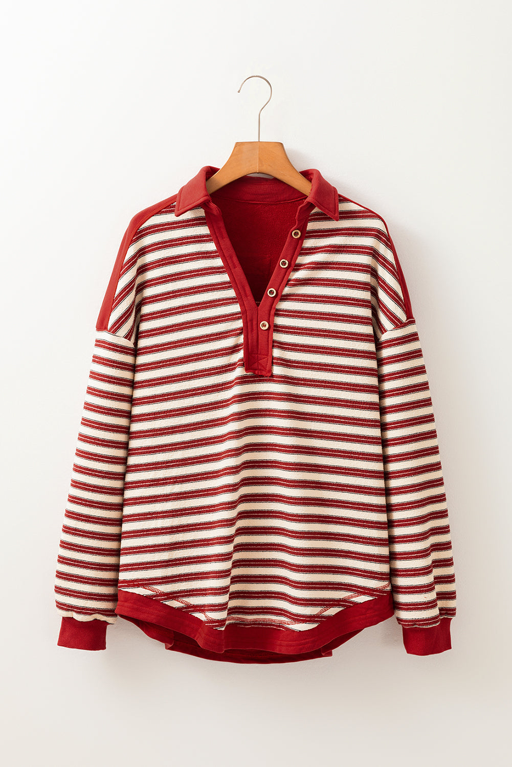 Pink Stripe Buttoned V Neck Collared Drop Shoulder Top