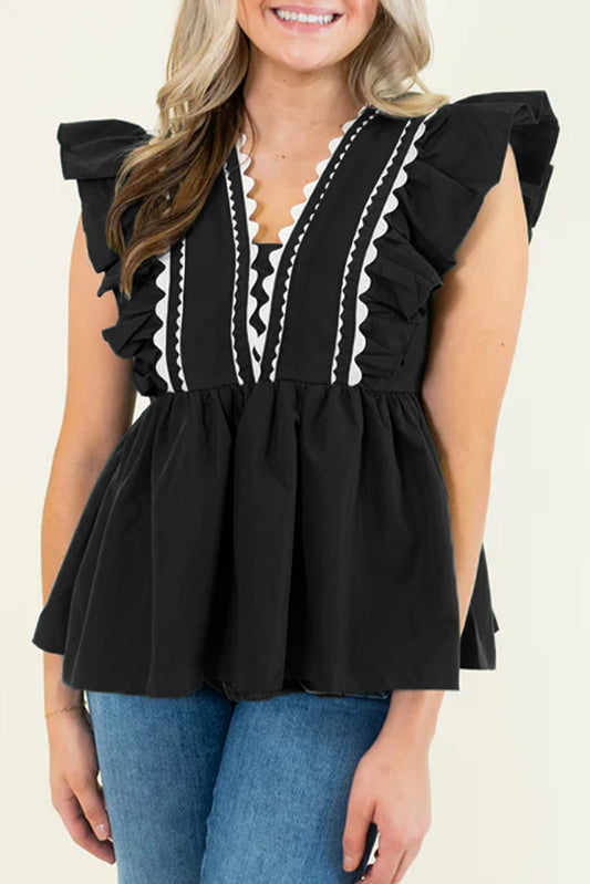 Black Ricrac V Neck Ruffle Sleeveless Blouse